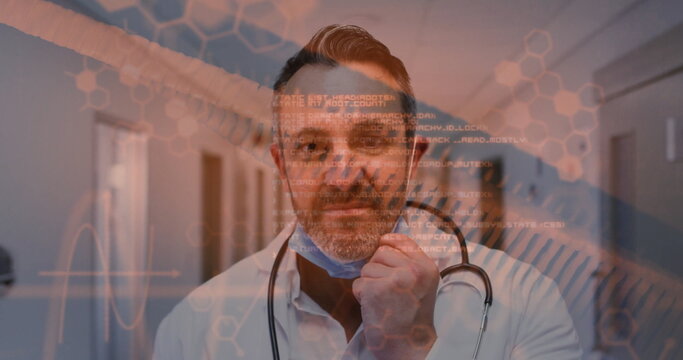 Image of data processing and dna strands over caucasian male surgeon with face mask