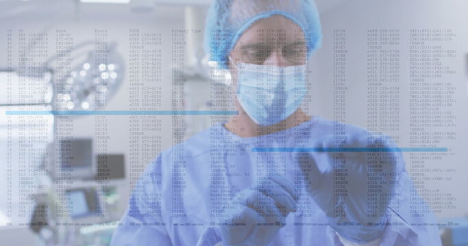 Image of data processing over caucasian male surgeon with face mask - Powered by Adobe