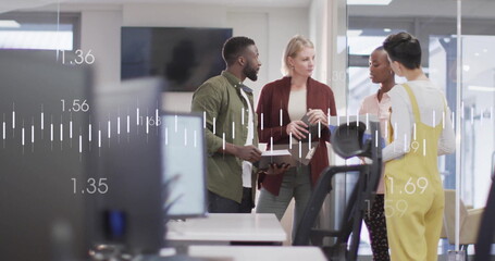 Financial data processing image over diverse business team discussing in office