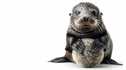 Obraz premium Cute Seal Pup Holding a Ball with Copy Space