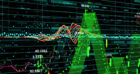 Image of financial data processing over grid on dark background