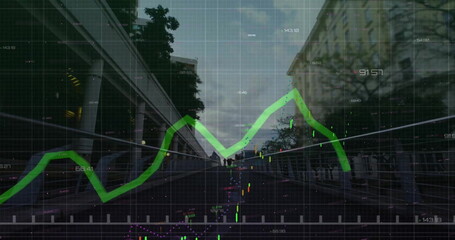 Image of financial data processing over cityscape
