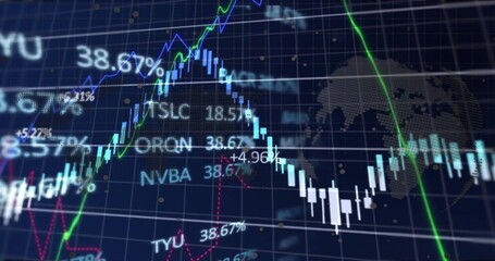 Image of financial data processing over grid on dark background