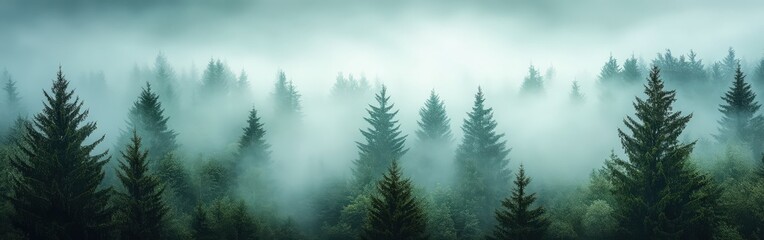 Fototapeta premium Misty fir forest with soft morning light filtering through the fog