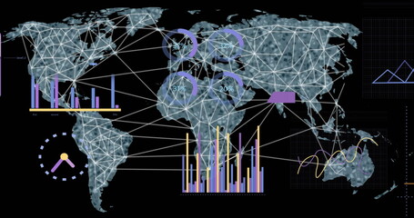 Image of data processing and world map over black background