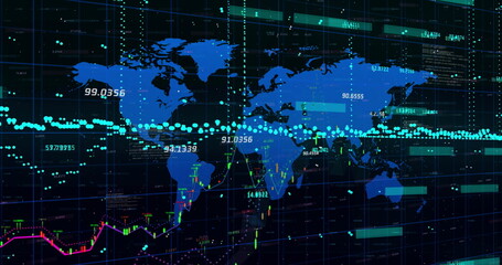 Image of financial data processing over world map