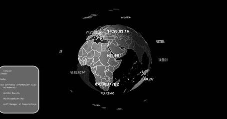 Image of data processing and globe over black background