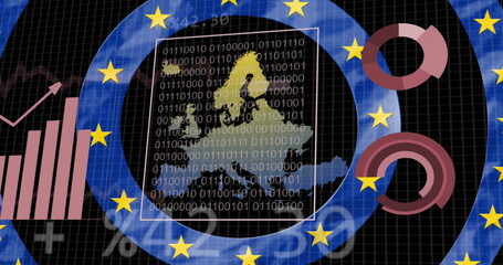 Naklejka premium Image of data processing, flag and map of europe over black background
