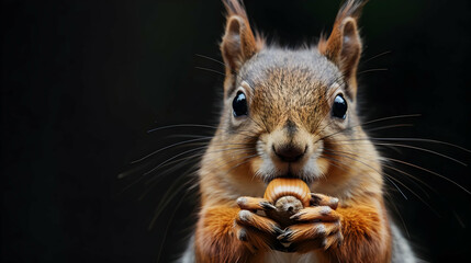 Fototapeta premium Squirrel Holding Nut with Copy Space - A Close-Up of a Cute Squirrel Holding a Nut in Its Paws