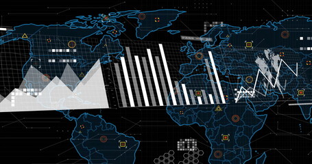 Image of data processing and world map over black background