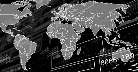 Image of data processing and world map over black background