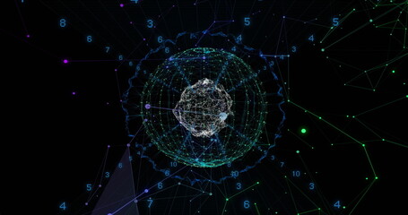 Image of data processing and globe over black background