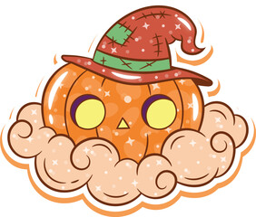 Halloween cute pumpkin drawing with sparkling cloud without background