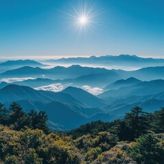 Obraz premium Panoramic view of mountain landscape during a golden sunset