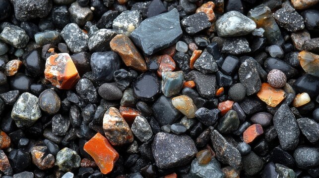 A close-up view of a collection of smooth, colorful stones with various shades of gray, black, and orange, revealing a subtle, textured surface that invites exploration