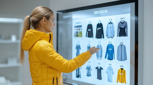 Augmented reality mirror displaying virtual clothing choices on customer using interactive AI assistant. AI generated
