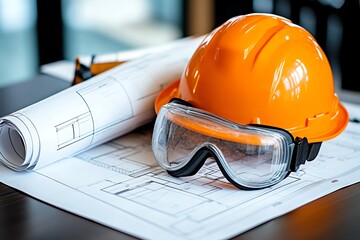 A close-up of architectural blueprints, with a hard hat and safety goggles placed on top, ready for review