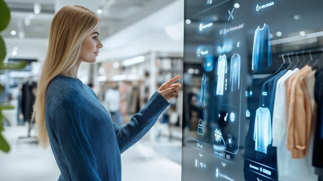 Augmented reality mirror displaying virtual clothing choices on customer using interactive AI assistant. AI generated