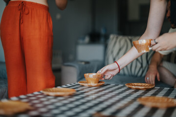 A cozy moment shared between friends with a focus on tea cups on a checkered tablecloth, highlighting a warm and inviting atmosphere.