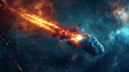 Fototapeta premium A flaming asteroid hurtling through a starry expanse.