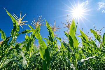 Fototapeta premium A close-up of corn stalks swaying in the wind, under a clear, bright sky with the sun shining overhead
