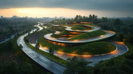 Futuristic Winding Road Through Green Landscape