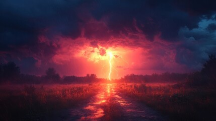 Obraz premium A Dramatic Thunderstorm with a Bright Lightning Strike Over a Foggy Field and a Winding Path