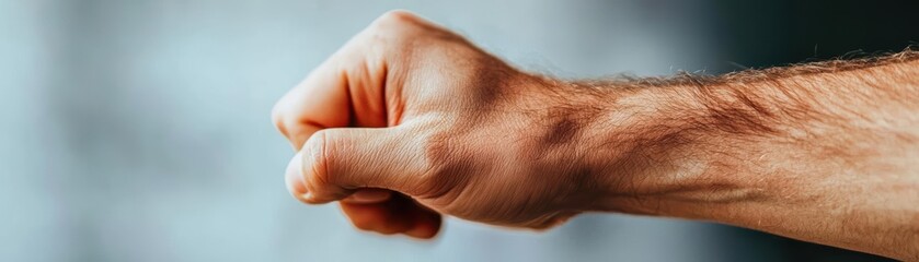 Fototapeta premium A close-up of a clenched fist symbolizing strength, determination, and power against a blurred background, perfect for various themes.