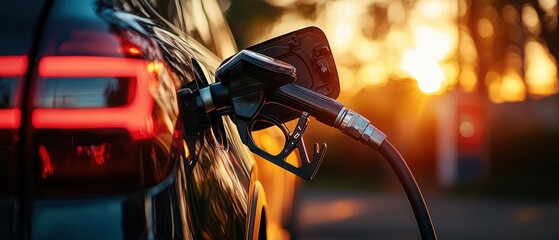 A close-up view of a fuel nozzle at a gas station during sunset, showcasing the modern car's fueling process and vibrant colors.