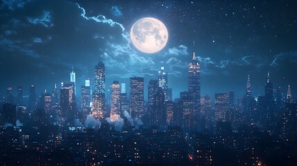 City skyscrapers lit up beneath the full moon and dark clouds