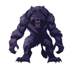 Obraz premium A snarling, purple werewolf stands against a black background with its mouth open and fangs bared, ready to attack.