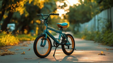 Fototapeta premium Bicycle children's parked on sidewalk childhood memory scene. AI generated