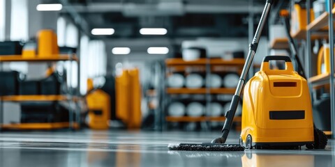 Fototapeta premium A modern yellow vacuum cleaner in a clean industrial setting, showcasing an organized workspace with cleaning equipment.