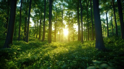 Obraz premium Serene Forest with Sunlight Through Green Trees