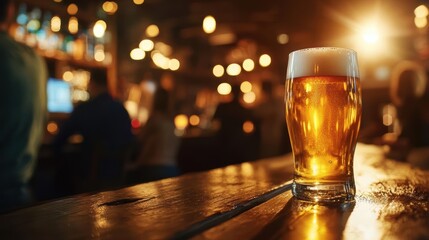 A refreshing glass of beer sits on a wooden table, illuminated by soft bar lights, capturing the cozy atmosphere of a pub.