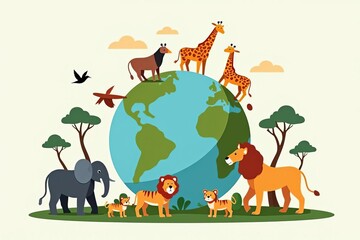Fototapeta premium World Wildlife Conservation: Colorful Globe with African Animals and Natural Habitats