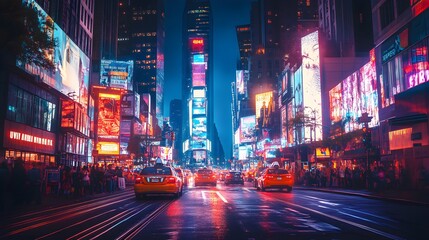 Fototapeta premium Towering neon signs illuminate bustling city streets vibrant pictures