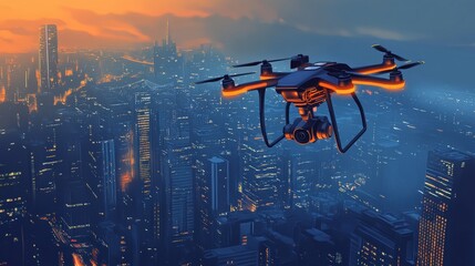 Naklejka premium Futuristic Vector Illustration of Aerial Drones Over Urban Cityscape