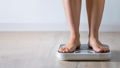 Female leg stepping on weigh scales. Healthy lifestyle, food and sport concept.
