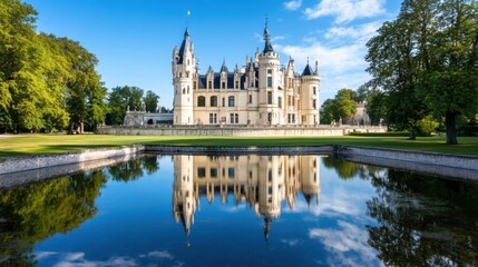Obraz premium Majestic Castle Reflection in Serene Lake Landscape