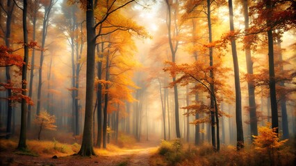 Abstract misty forest in soft hues of orange, yellow, and brown