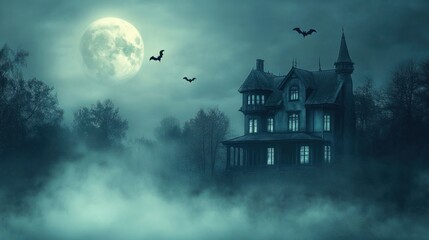 Creepy Halloween night with a haunted house, full moon, and bats flying through the fog.