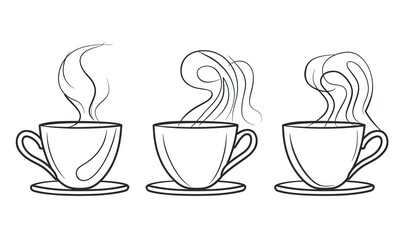 Obraz premium Line art illustration of three steaming coffee cups in various styles. Minimalistic beverage concept.