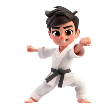 A 3D cartoon boy wearing a white karate uniform and a black belt in a fighting stance.