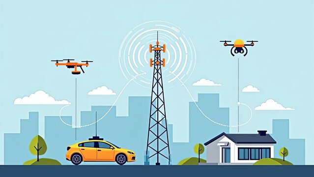 Smart City Technology Concept: Urban Landscape with 5G Tower, Drones, and Connected Vehicles for Efficient Urban Living