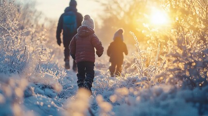 A family walks through a snowy landscape during sunset, capturing the warmth and beauty of winter with frosty foliage surrounding them.