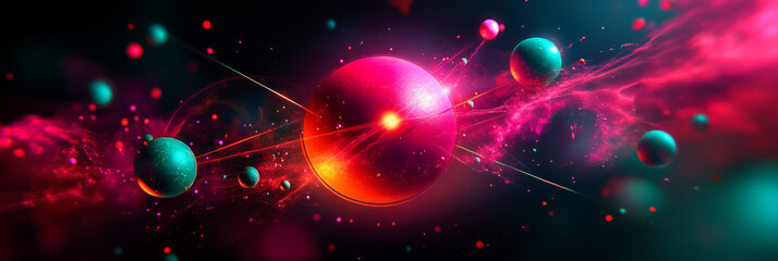 Abstract neon spheres with glowing light trails.