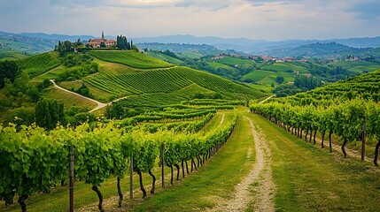 Fototapeta premium A scenic vineyard with ripe grapes and rolling hills, harvest season, lush green vines, picturesque countryside