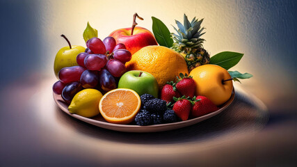 Illustration of Delicious fruits on a Plate, Yummy Food Concept, png file