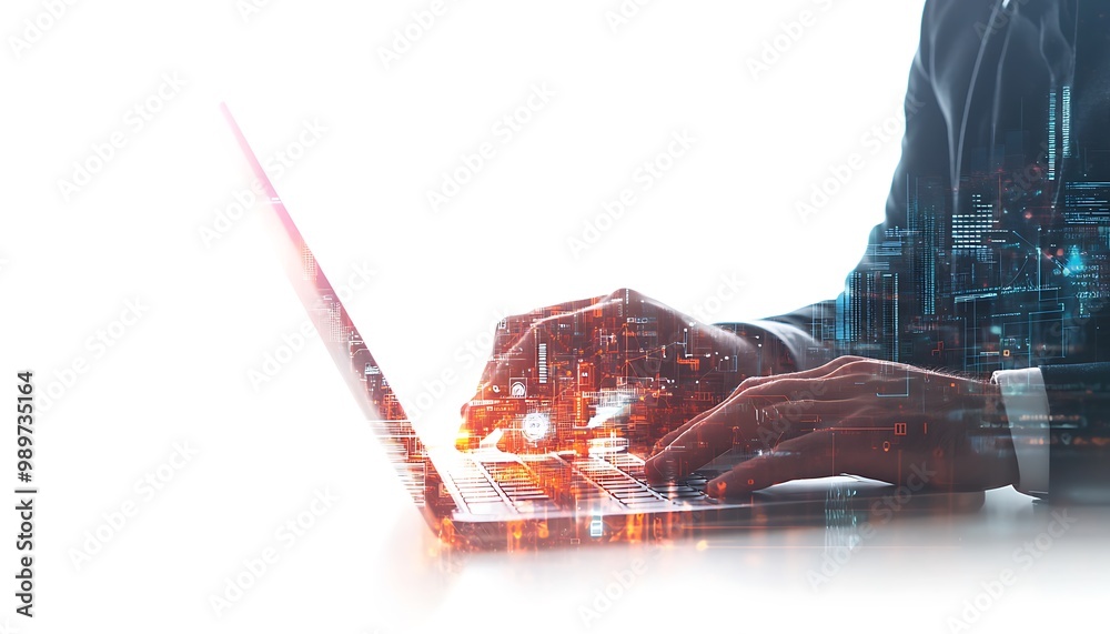 Fototapete Hands Using Laptop with Digital Codes and Network Links in Double Exposure on White Background